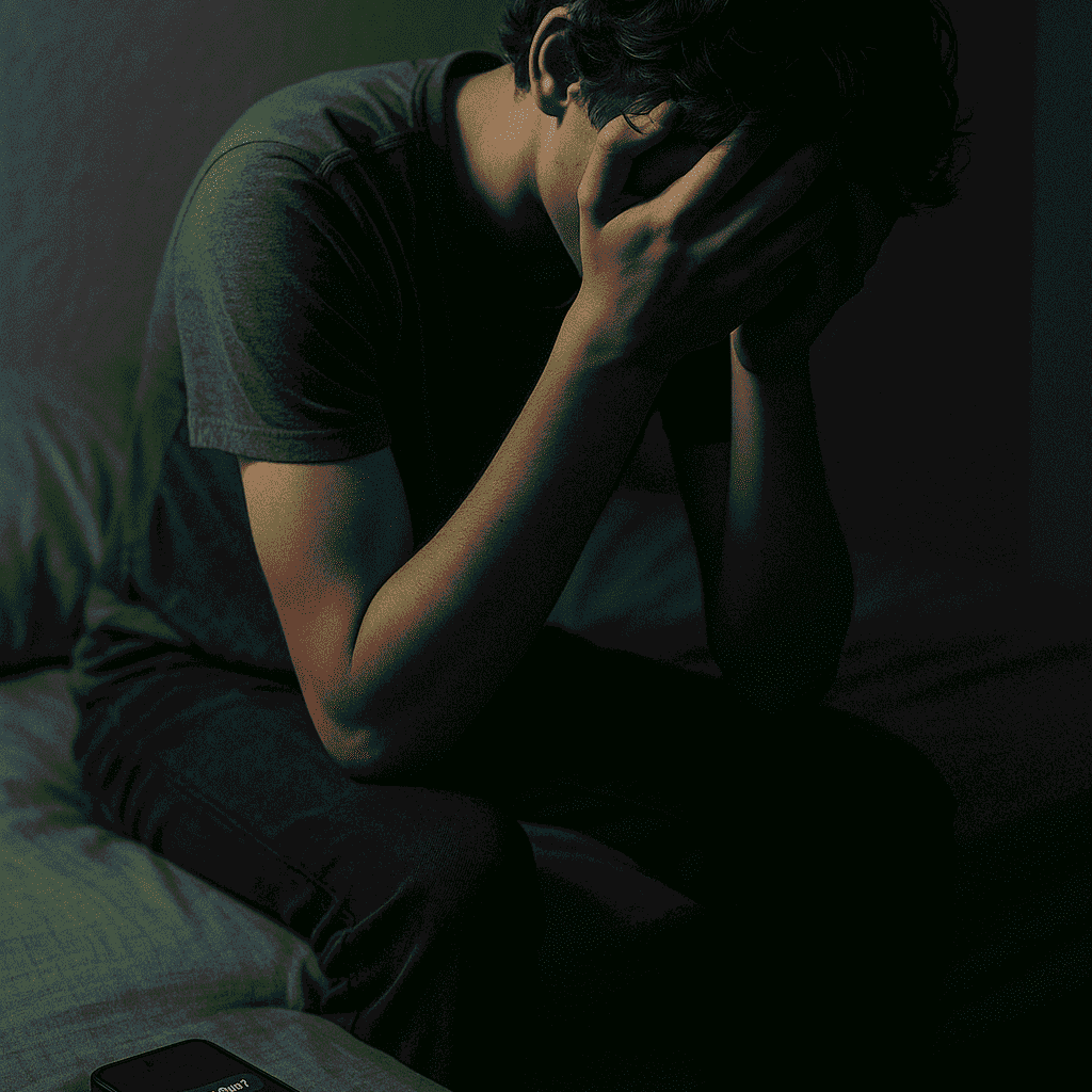 Young person sitting alone on the edge of their bed at night, holding their head in their hands, with a dimly lit room and a phone nearby showing a message that reads Are you okay, symbolising emotion