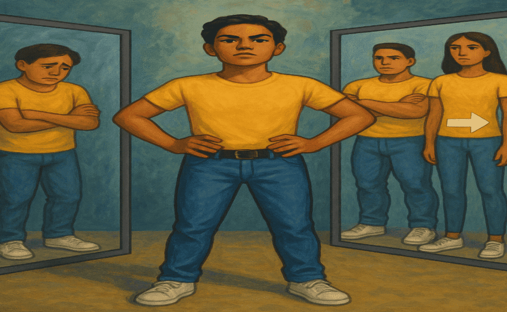 a person standing confidently, surrounded by mirrors reflecting different versions of themselves symbolising self-perception and comparison