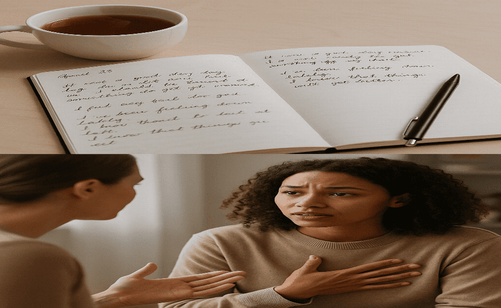 a picture of someone Journaling their thoughts and Conversation another conversing