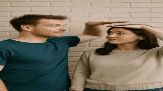 two people standing together trying to compare each others height showing comparison