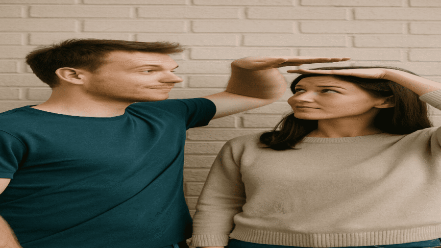 two people standing together trying to compare each others height showing comparison