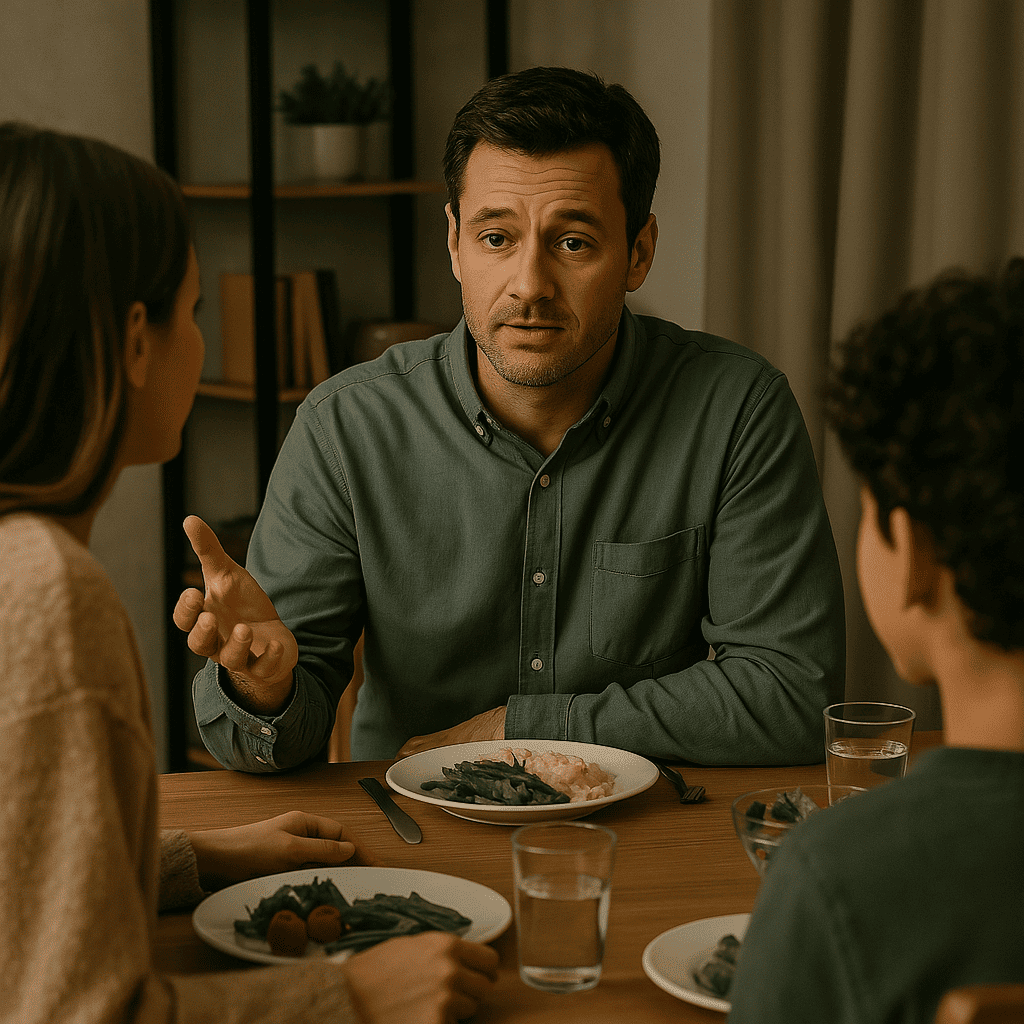 A Parent calmly expressing feelings during family dinner