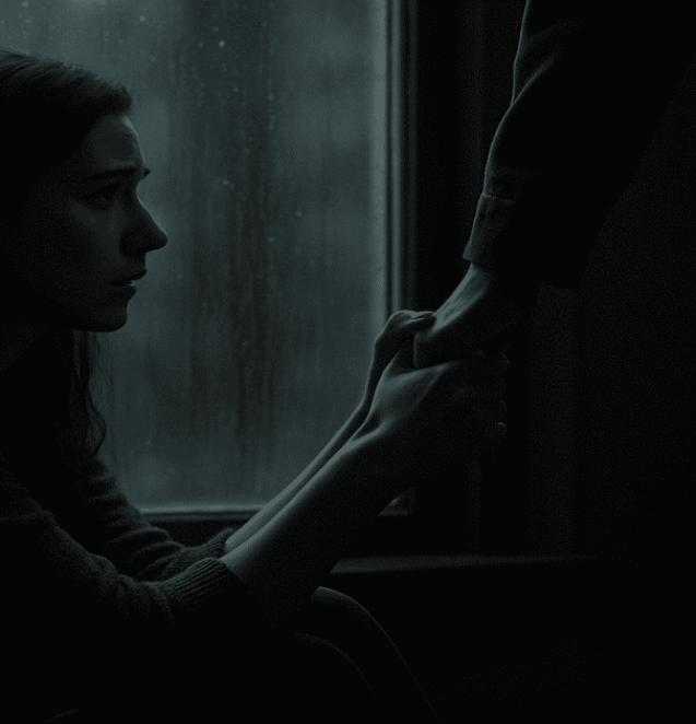A Woman Sitting Alone by a Window holding on tightly onto another persons hand who is trying to walk away from her