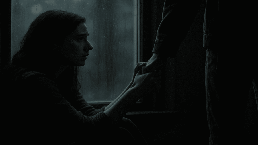 A Woman Sitting Alone by a Window holding on tightly onto another persons hand who is trying to walk away from her