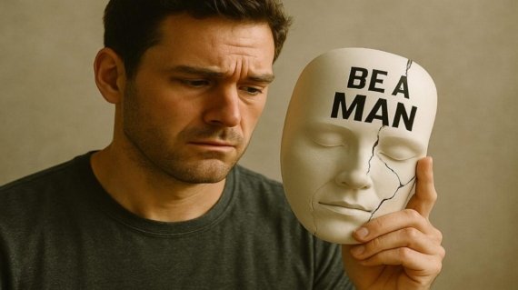 A man holding a cracked white mask labeled 'BE A MAN' in bold black letters