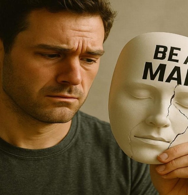A man holding a cracked white mask labeled 'BE A MAN' in bold black letters