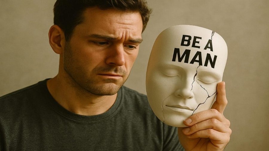 A man holding a cracked white mask labeled 'BE A MAN' in bold black letters