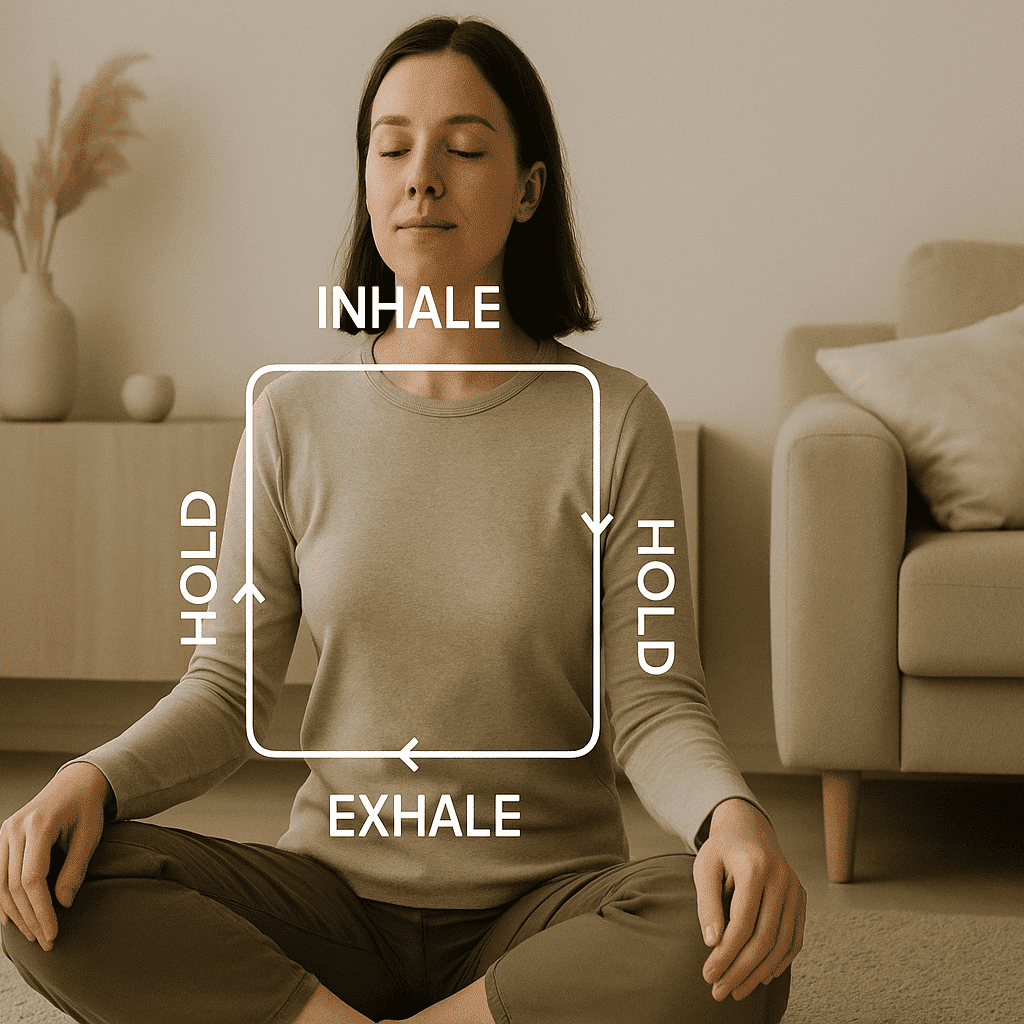 A peaceful indoor scene with a calm person practicing square breathing, soft lighting, minimalistic decor, and a transparent square diagram showing inhale-hold-exhale-hold steps
