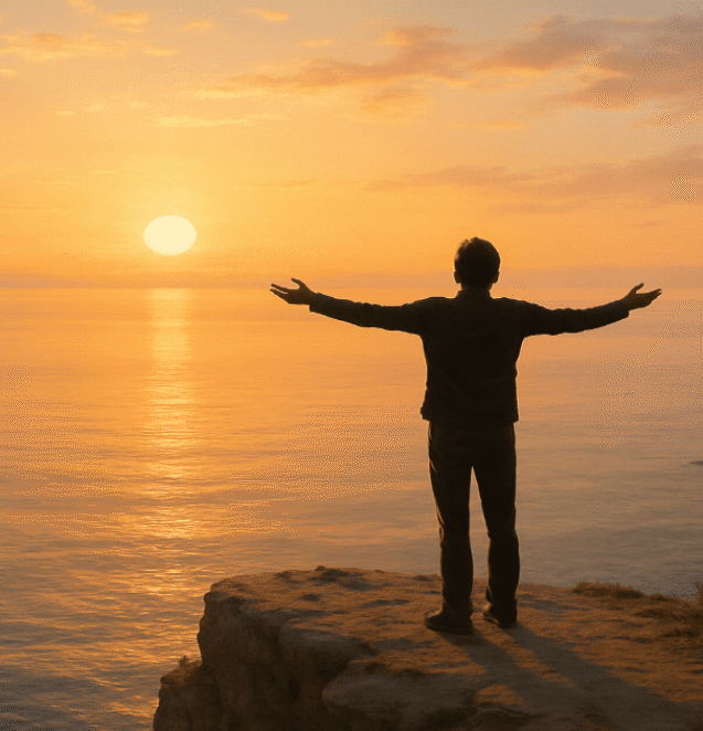 A person standing on a cliff at sunrise, arms open wide, overlooking a calm sea, symbolising freedom and emotional release
