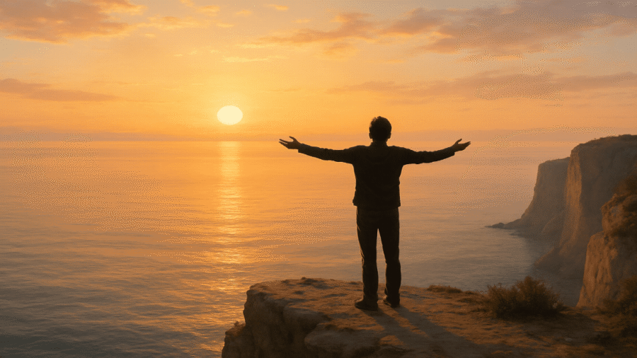 A person standing on a cliff at sunrise, arms open wide, overlooking a calm sea, symbolising freedom and emotional release