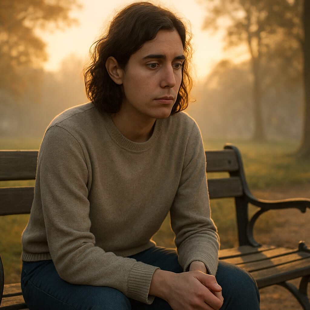 A thoughtful person sitting alone on a park bench at sunrise, looking pensive and vulnerable, surrounded by gentle light and nature, photorealistic (1)