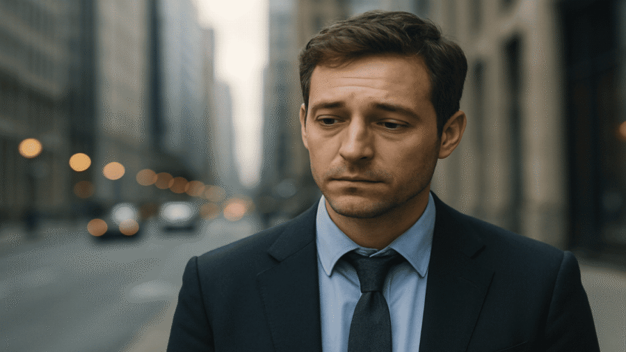 A well-dressed professional sitting at a desk, looking polished but holding their head in their hands with hidden distress