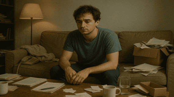 A young adult sitting on a couch surrounded by clutter and unfinished tasks, looking emotionally exhausted or distant, soft lighting and realistic style