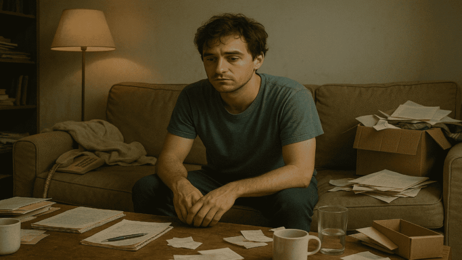 A young adult sitting on a couch surrounded by clutter and unfinished tasks, looking emotionally exhausted or distant, soft lighting and realistic style
