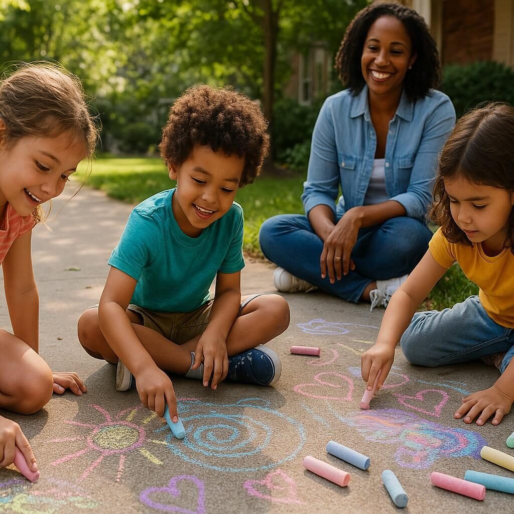 Children playing outside with chalk while a parent observes supportively