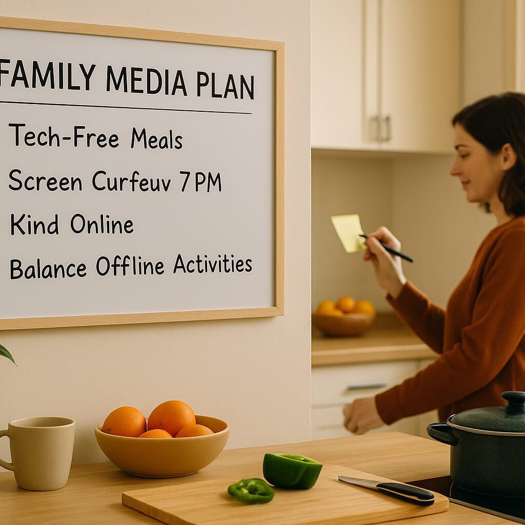 Family screen time rules and values displayed on kitchen board