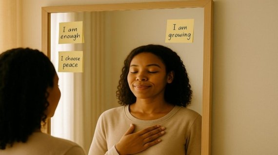 Person practicing positive affirmations in front of a mirror, symbolizing the power of affirmations for emotional healing and mental well-being