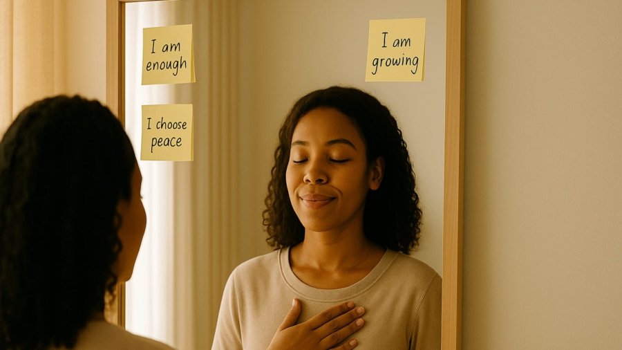 Person practicing positive affirmations in front of a mirror, symbolizing the power of affirmations for emotional healing and mental well-being