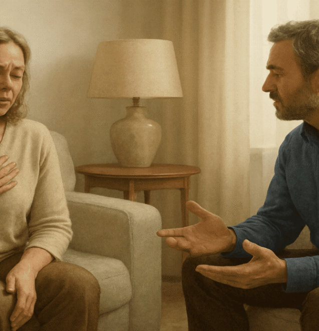 Two people sitting across from each other in a peaceful setting, both calmly engaged in an emotional conversation, with one person holding their hear