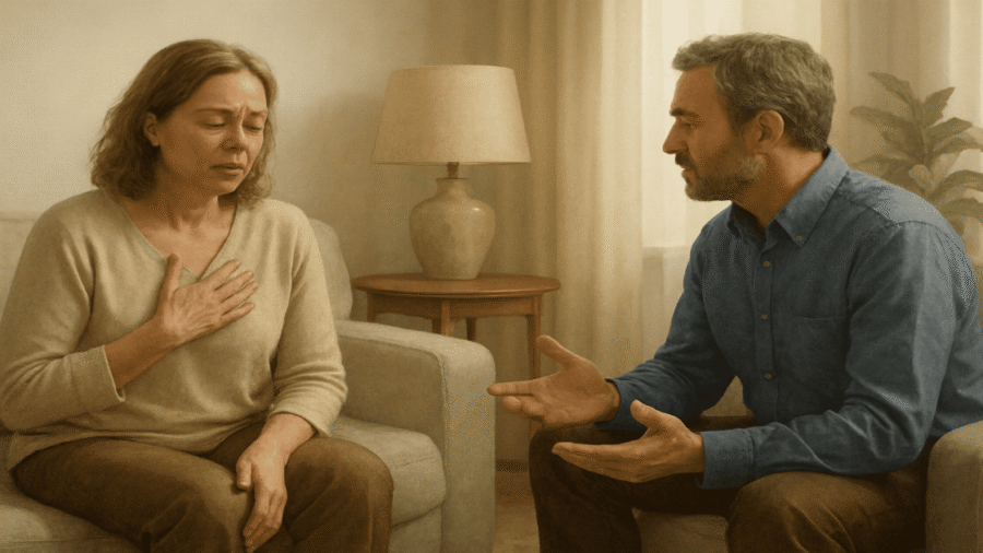 Two people sitting across from each other in a peaceful setting, both calmly engaged in an emotional conversation, with one person holding their hear