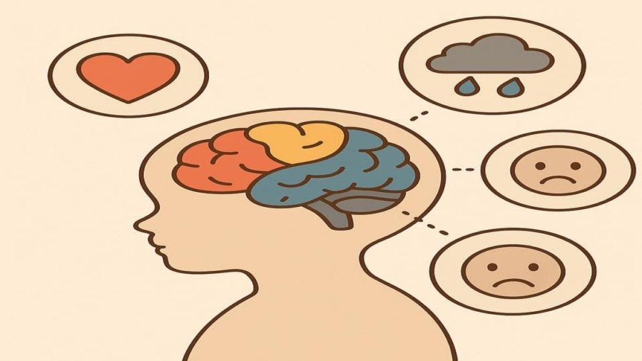 brain with highlighted emotion centers, overlaid with child behavior icons