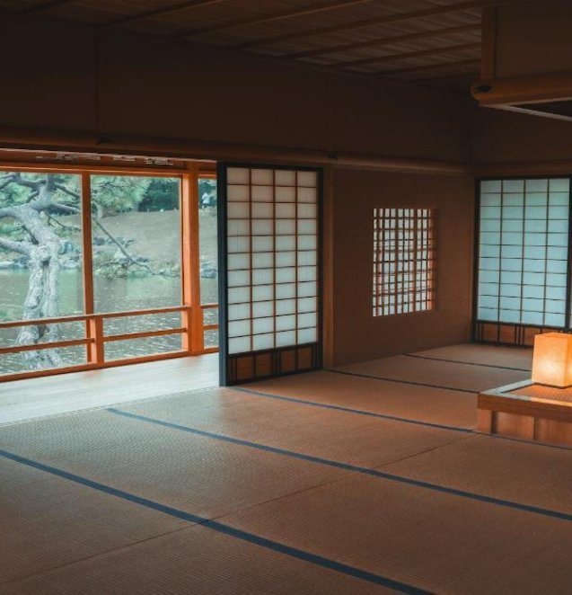 An empty room with a lantern in the middle