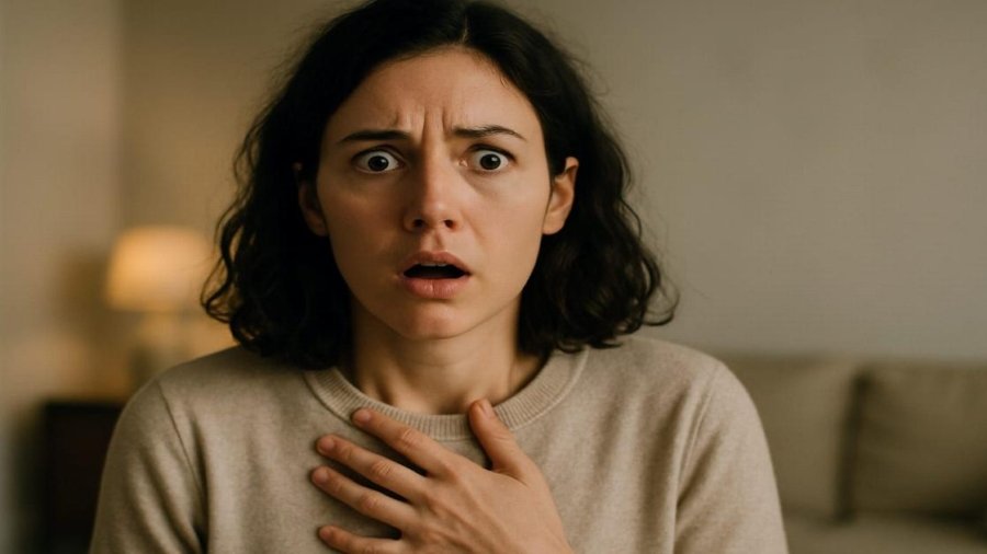 person in their late 20s, seated indoors in a neutral-toned room, suddenly pausing with a startled or frozen expression of trauma trigger