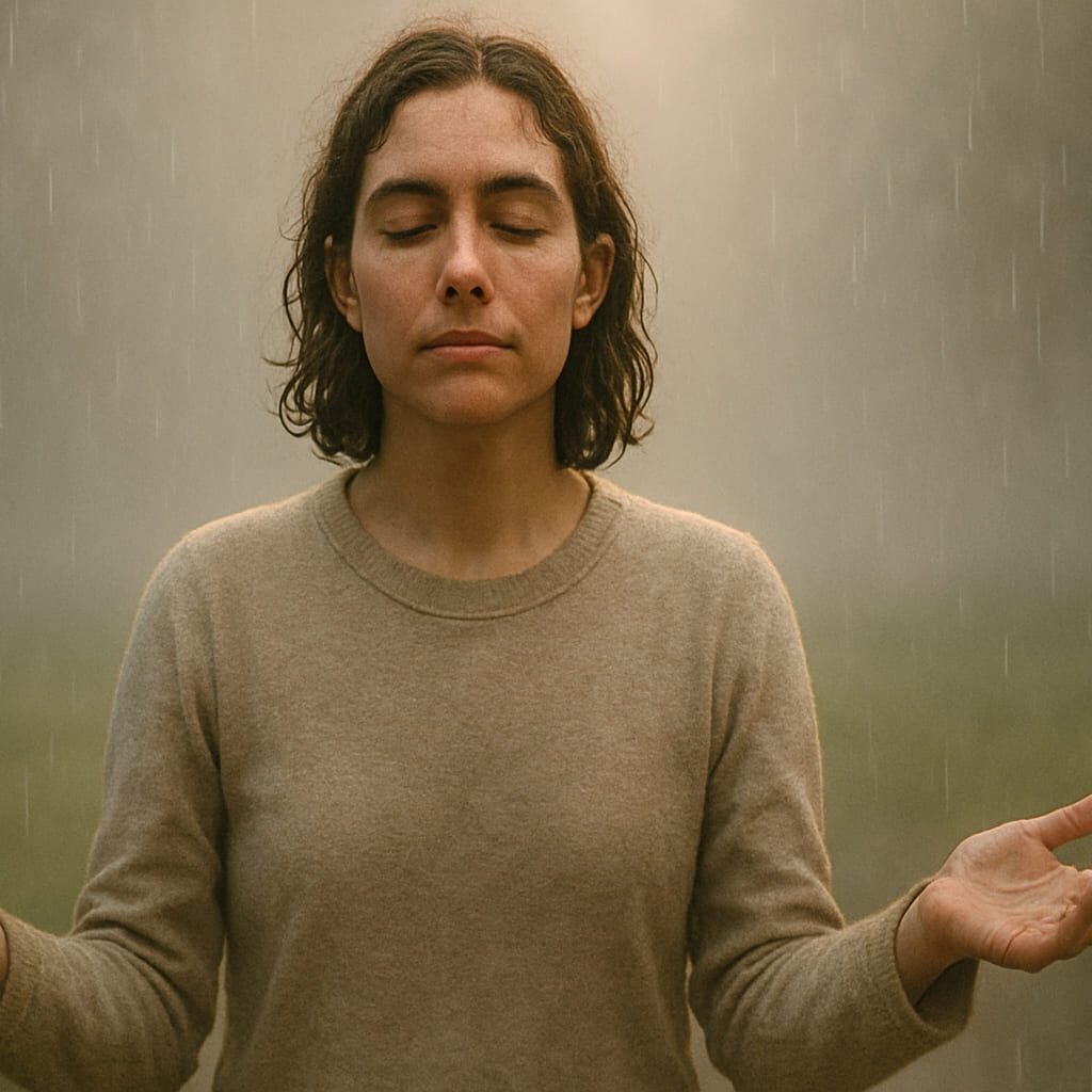 person standing alone in the rain with soft lighting, eyes closed and arms slightly open, symbolizing vulnerability and acceptance
