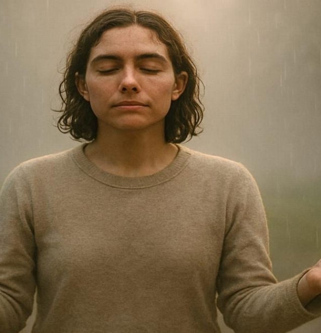 person standing alone in the rain with soft lighting, eyes closed and arms slightly open, symbolizing vulnerability and acceptance