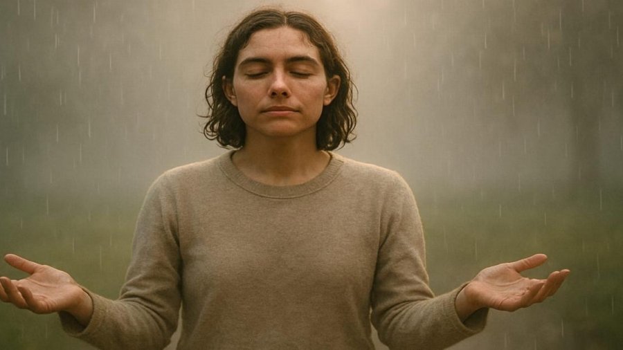 person standing alone in the rain with soft lighting, eyes closed and arms slightly open, symbolizing vulnerability and acceptance