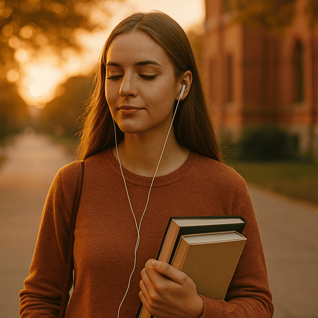 A peaceful student walking through campus at sunset, books in hand and earbuds in