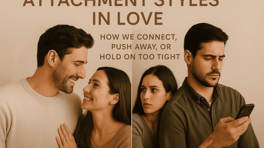 Attachment styles in romantic relationships showing emotional closeness and distance between couples