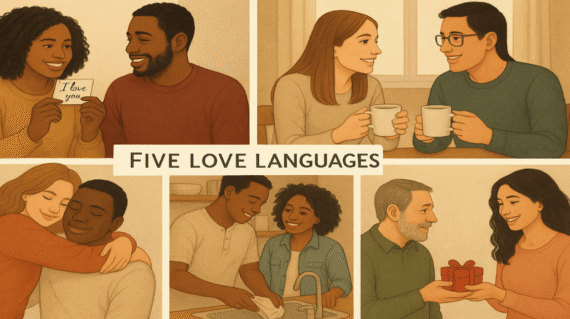 Five love languages in emotional connection words of affirmation, acts of service, receiving gifts, quality time, physical touch visualized in diverse relationships