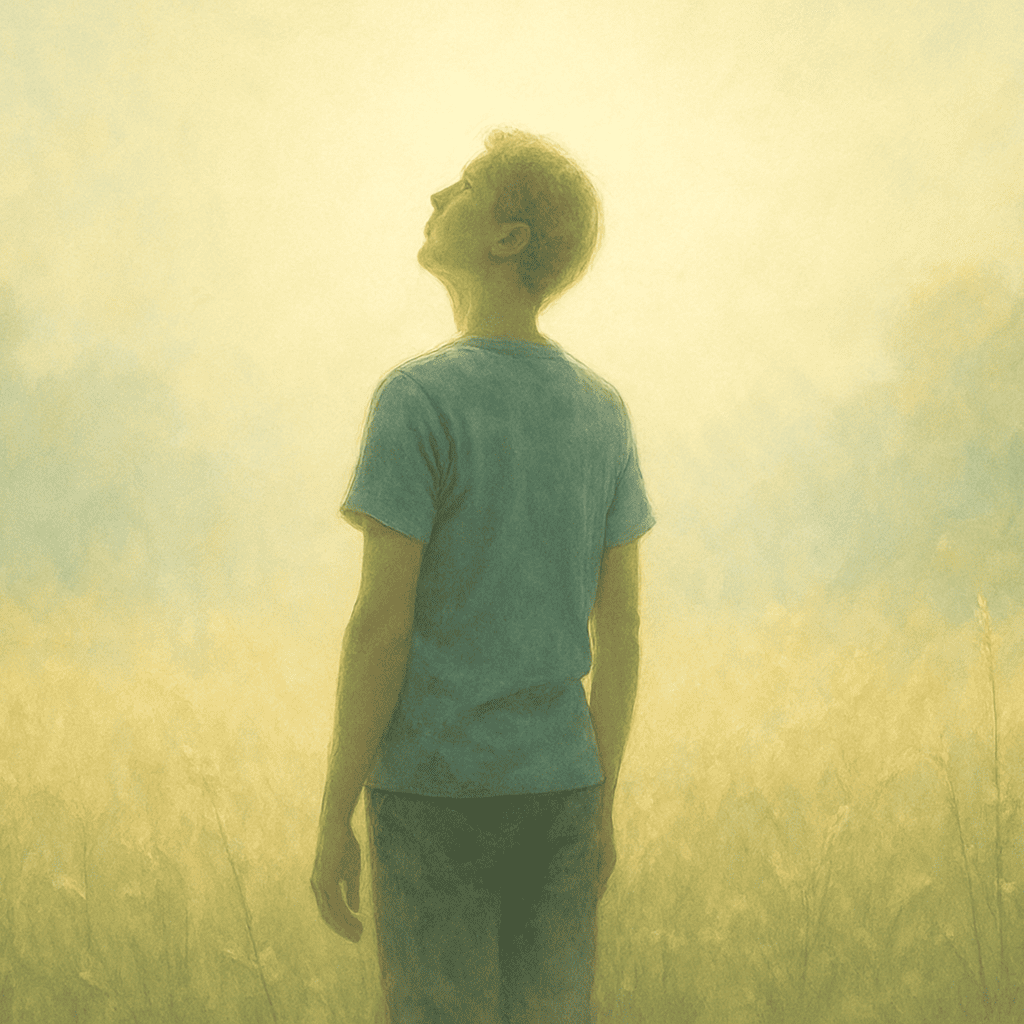 Person in peaceful setting after near-death experience processing emotional transformation