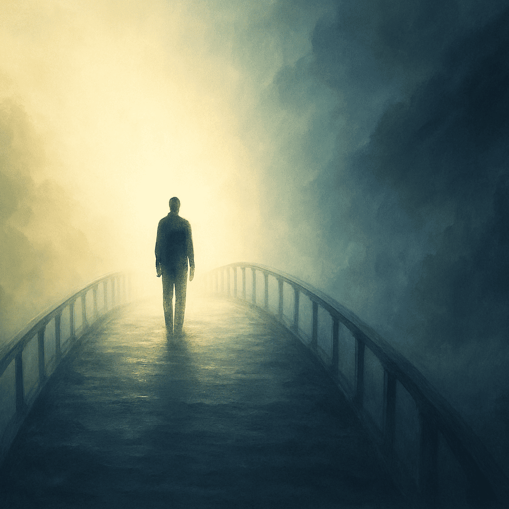 Person on bridge between life and death symbolizing near-death experience psychology