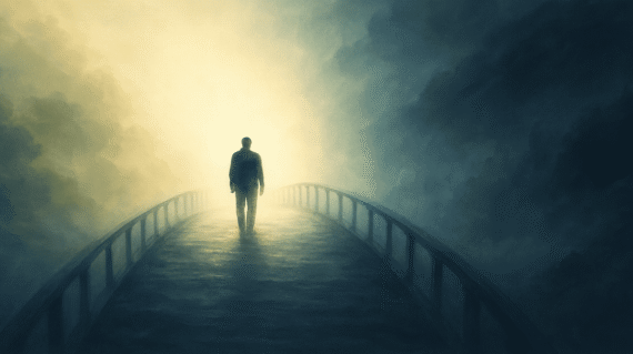 Person on bridge between life and death symbolizing near-death experience psychology
